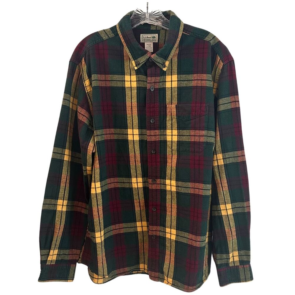 LL Bean Men Size Medium Shirt Button Down Top Red Yellow Flannel Scotch Plaid